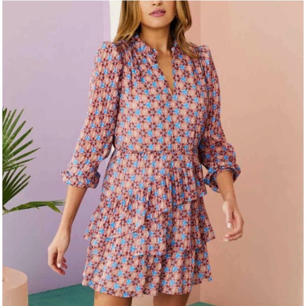 Marie Oliver Alana Printed Long Sleeve Silk Mini Dress XS